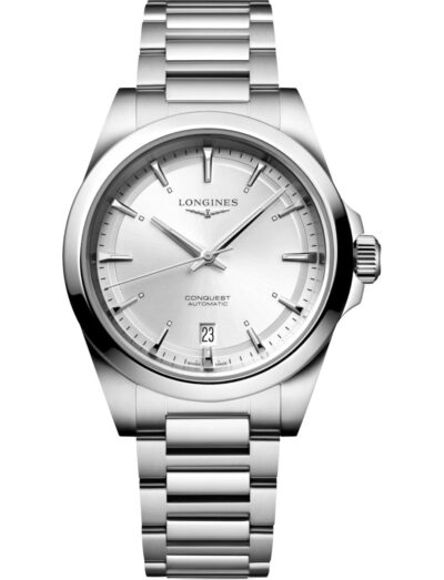 Longines wristwatch with stainless steel case and bracelet, and sunray silver dial.