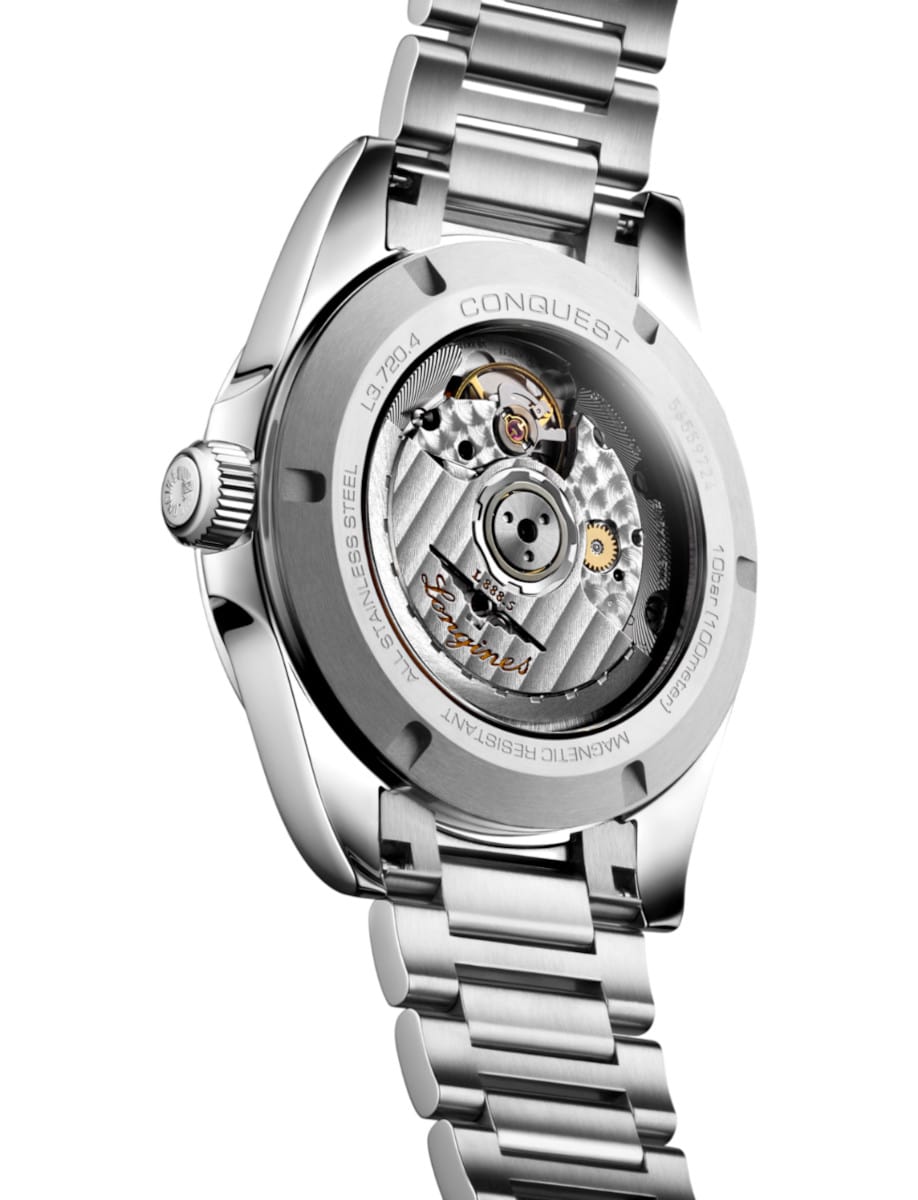 Back view of Longines wristwatch with stainless steel case and transparent case back