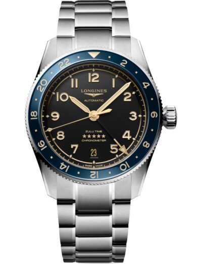 Longines wristwatch with stainless steel case and bracelet, ceramic bezel, and black dial.