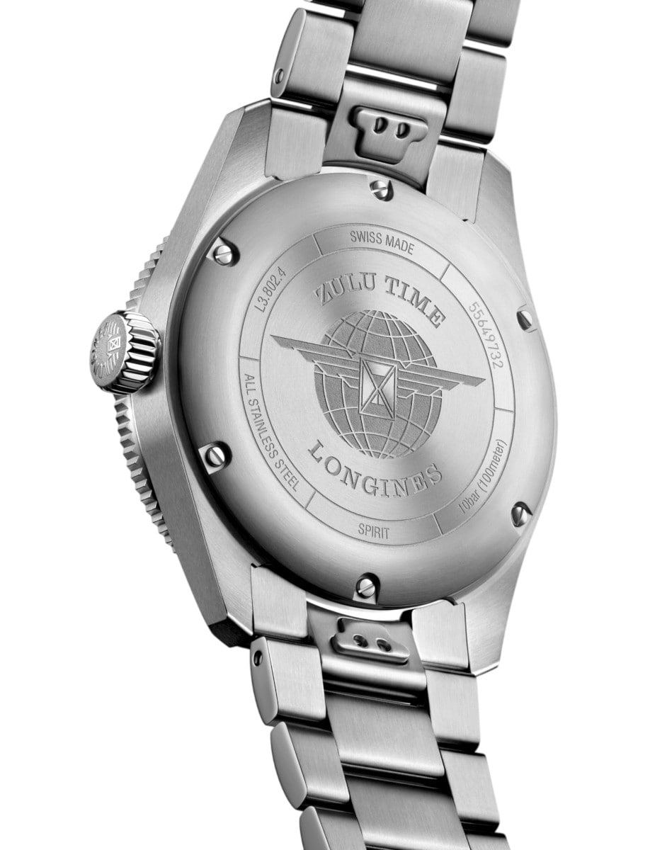 Longines wristwatch with stainless steel case and bracelet, and solid case back.