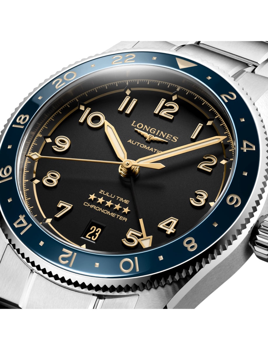 Longines wristwatch with stainless steel case, and black dial.