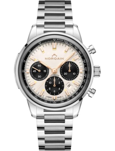 Norqain wristwatch with stainless steel case and bracelet, and off white dial.