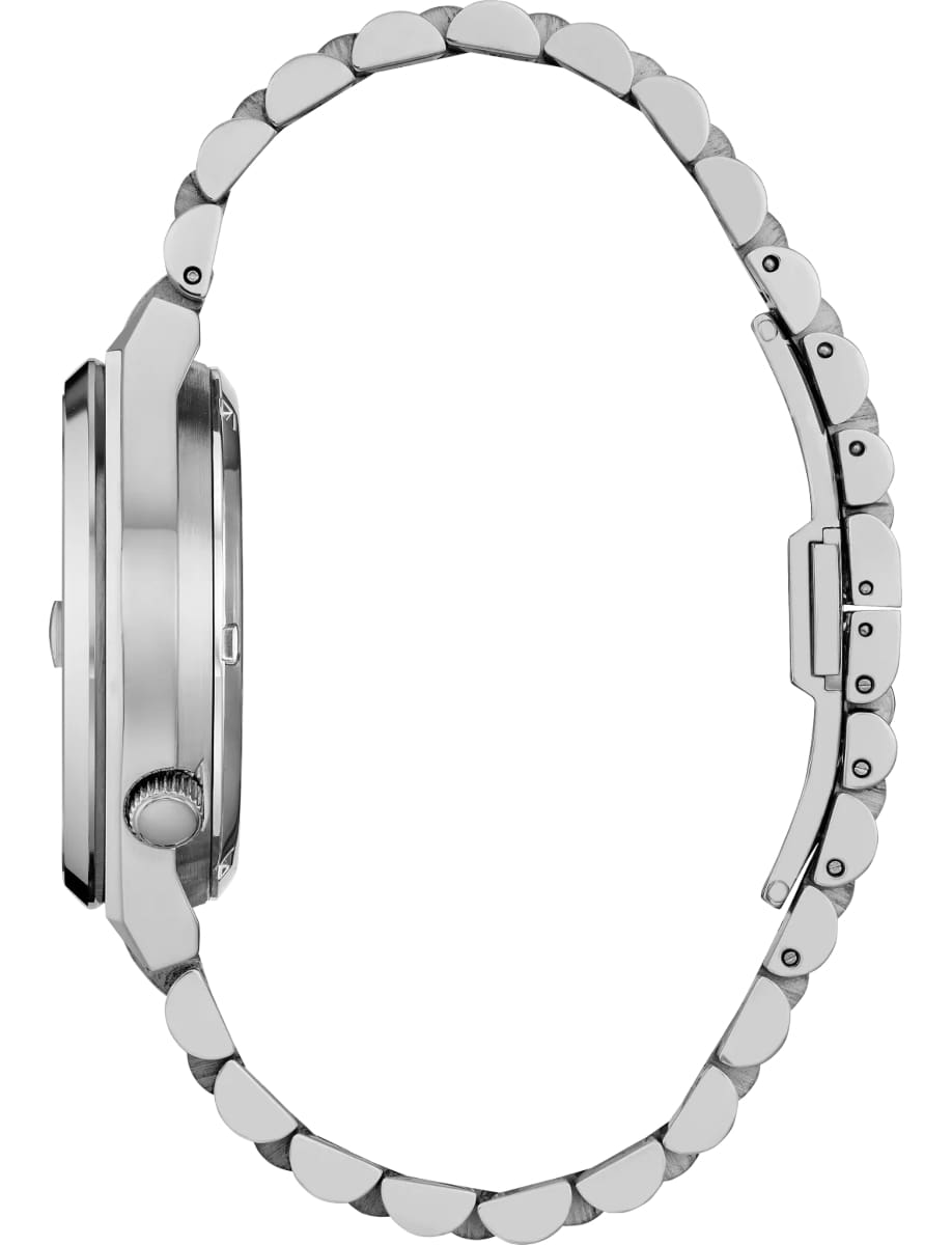 Side view of Citizen wristwatch with stainless steel case and bracelet and black dial