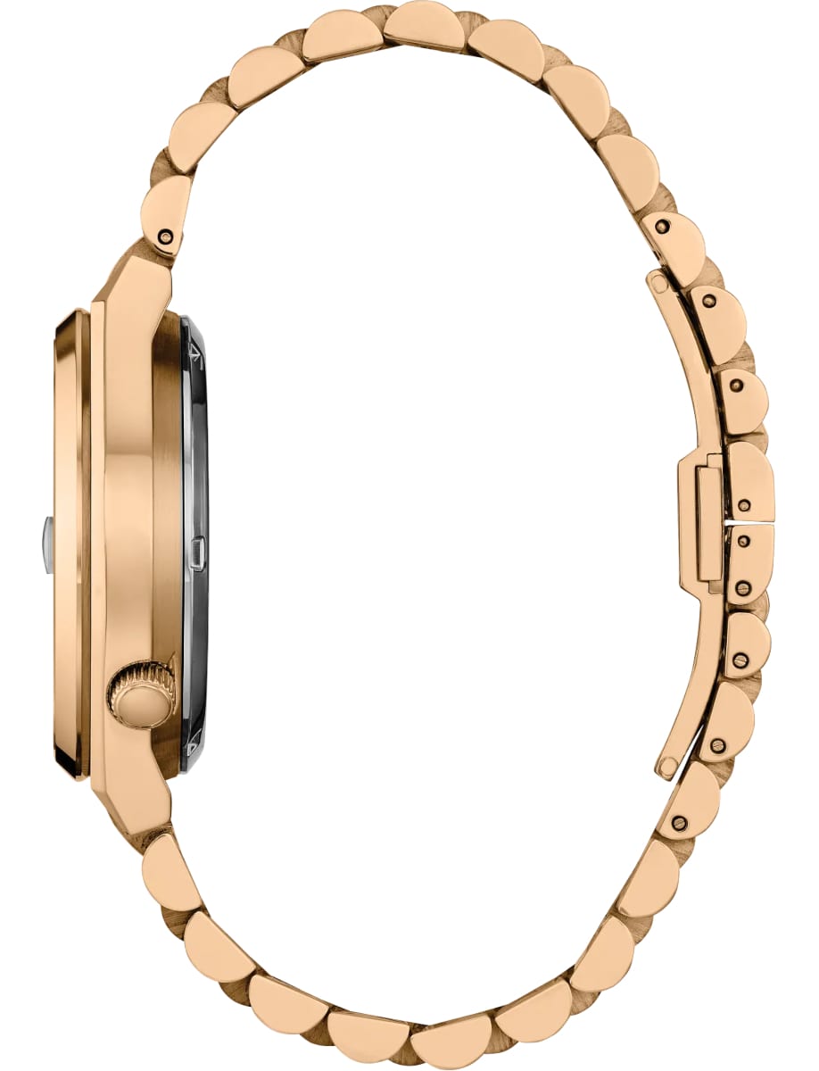 Side view of Citizen wristwatch with Rose Gold-Tone stainless steel and bracelet and blue dial