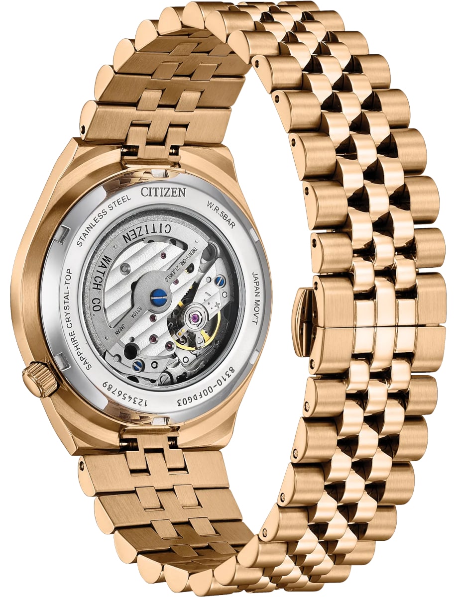 Back view of Citizen wristwatch with Rose Gold-Tone stainless steel and bracelet and blue dial