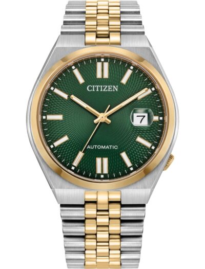Citizen wristwatch with two tone stainless steel case and bracelet and green dial