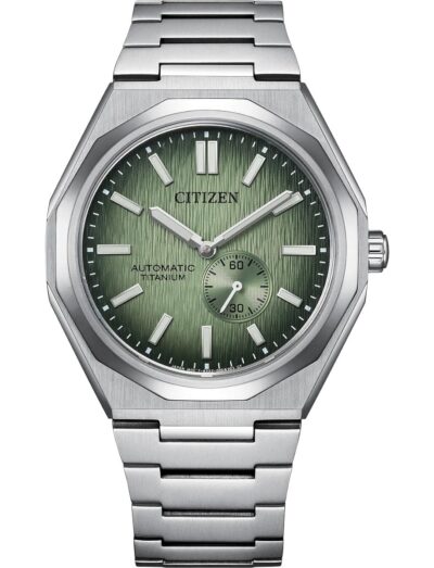 Citizen wristwatch with super titanium case and bracelet, and green dial. | Feldmar Watch Co. Citizen wristwatch with super titanium case and bracelet, and green dial.