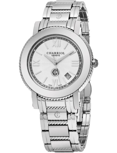 Charriol wristwatch with stainless steel case and bracelet, and white dial.