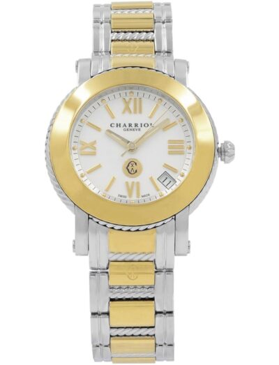 Charriol wristwatch with two-tone stainless steel case and bracelet, and white dial.