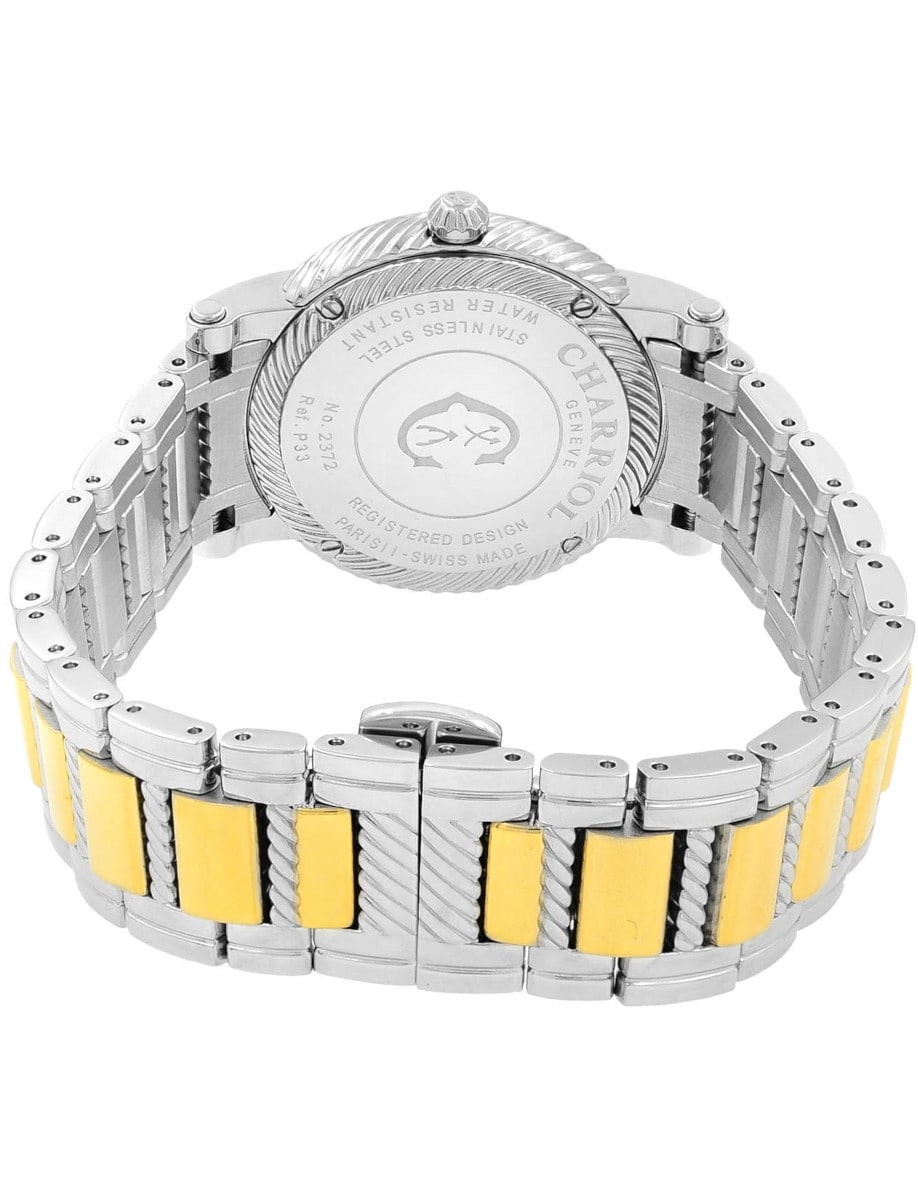 Back view of Charriol wristwatch with two-tone stainless steel case and bracelet.