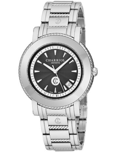 Charriol wristwatch with stainless steel case and bracelet, and black dial.