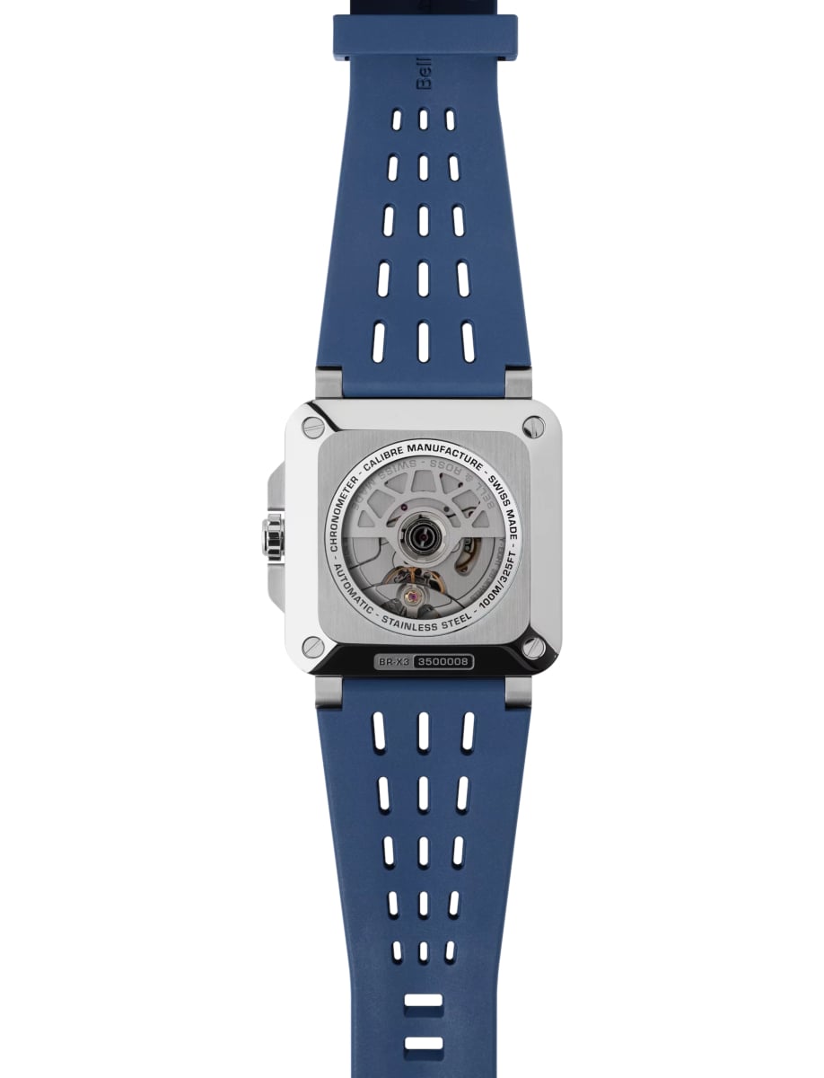 Back view of Bell & Ross wristwatch with stainless steel case, blue dial and blue rubber strap