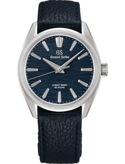 Grand Seiko wristwatch with stainless steel case, blue dial, and blue cow leather strap.
