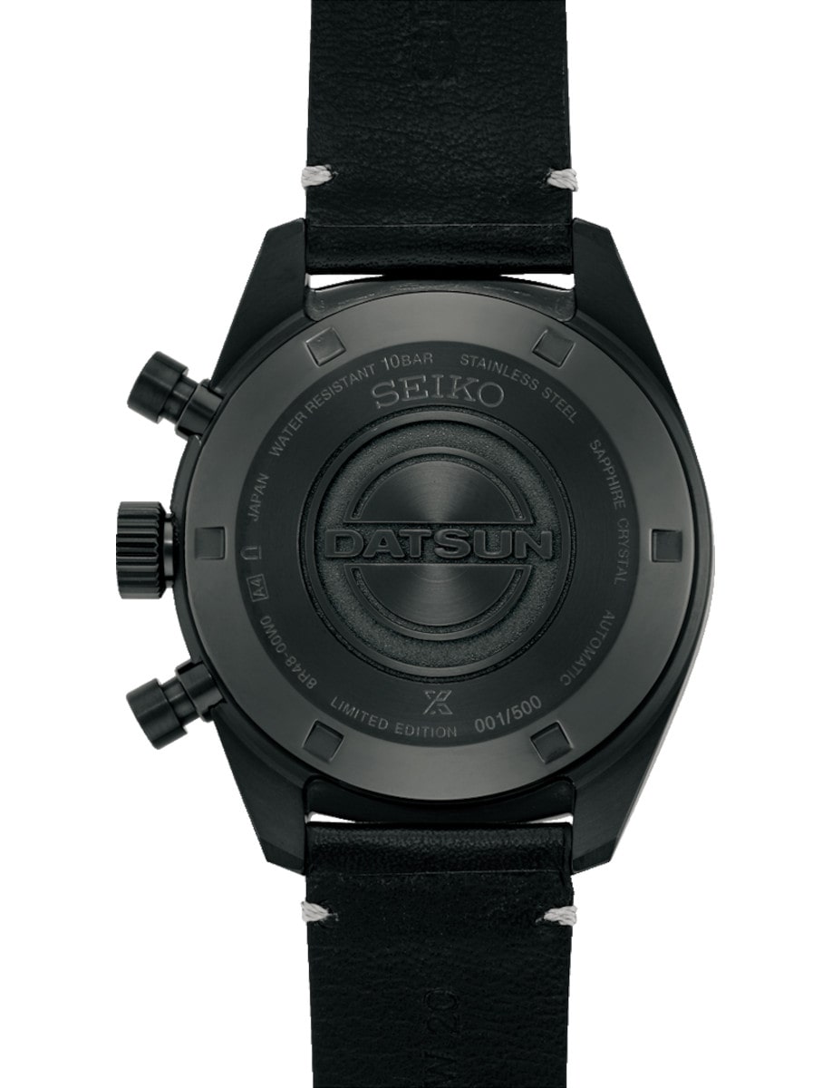 Back view of Seiko Luxe wristwatch with stainless steel case, and black cow leather.