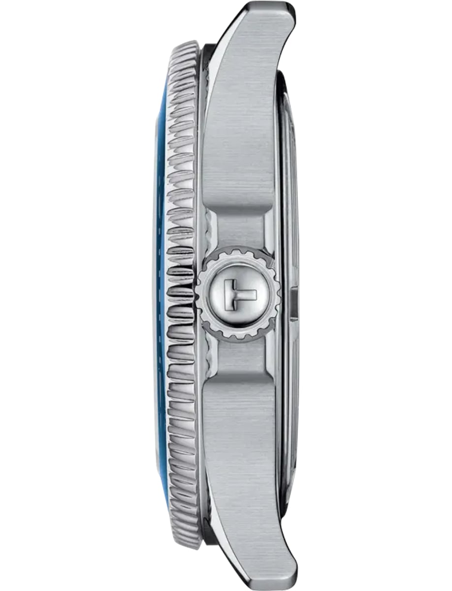 Side view of Tissot wristwatch with stainless steel and bracelet and blue dial