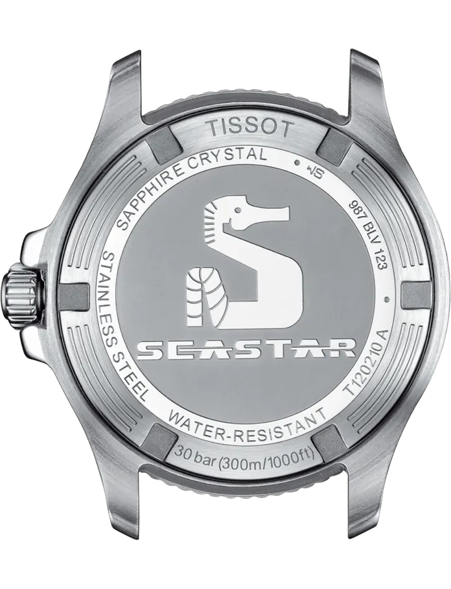 Back view of Tissot wristwatch with stainless steel case and screw down case back