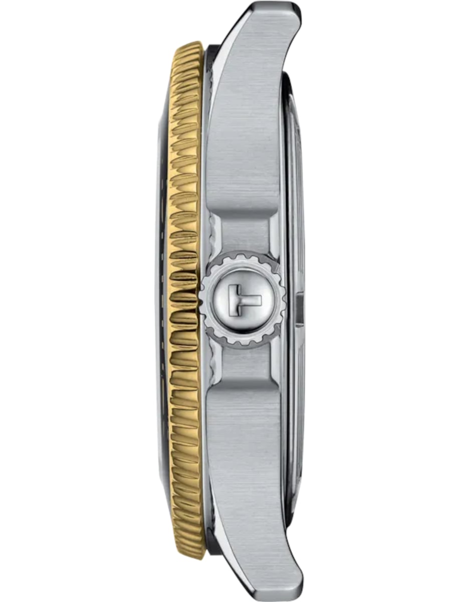 Side view of Tissot wristwatch with stainless steel case, mineral bezel ring and screw-down crown