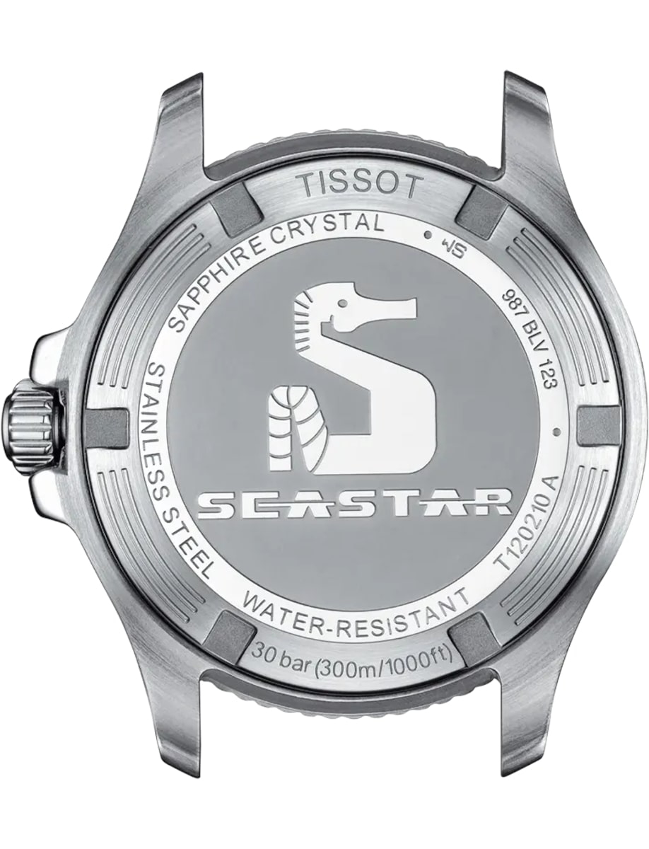 Back view of Tissot wristwatch with stainless steel and engraved case.