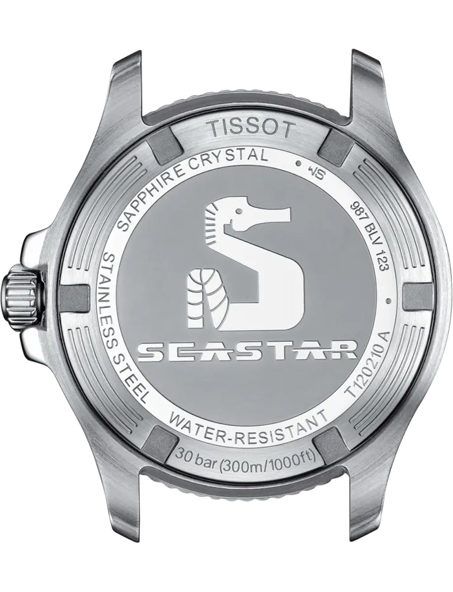 Back view of Tissot wristwatch with stainless steel and engraved case.