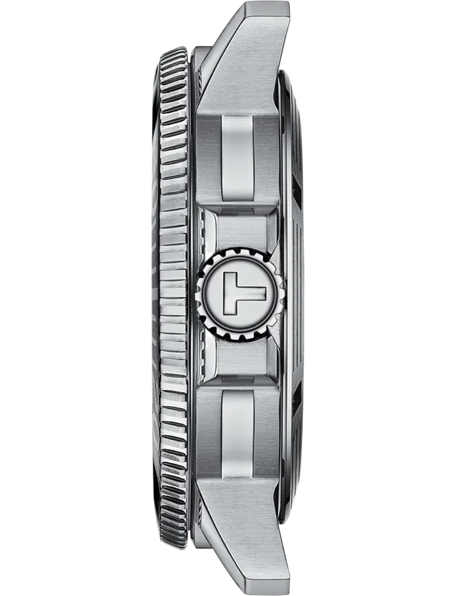 Side view of Tissot wristwatch with stainless steel case and ceramic bezel ring