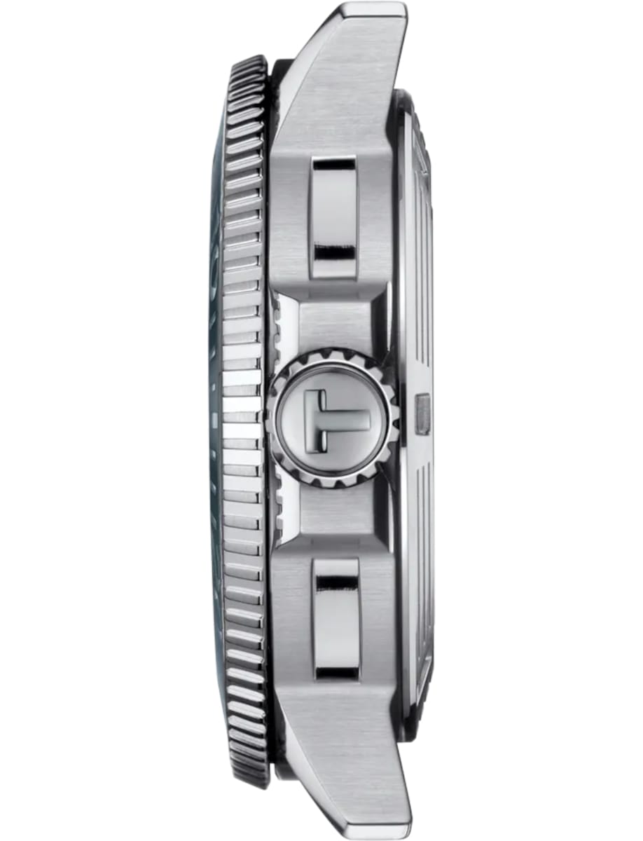 Side view of Tissot wristwatch with stainless steel case