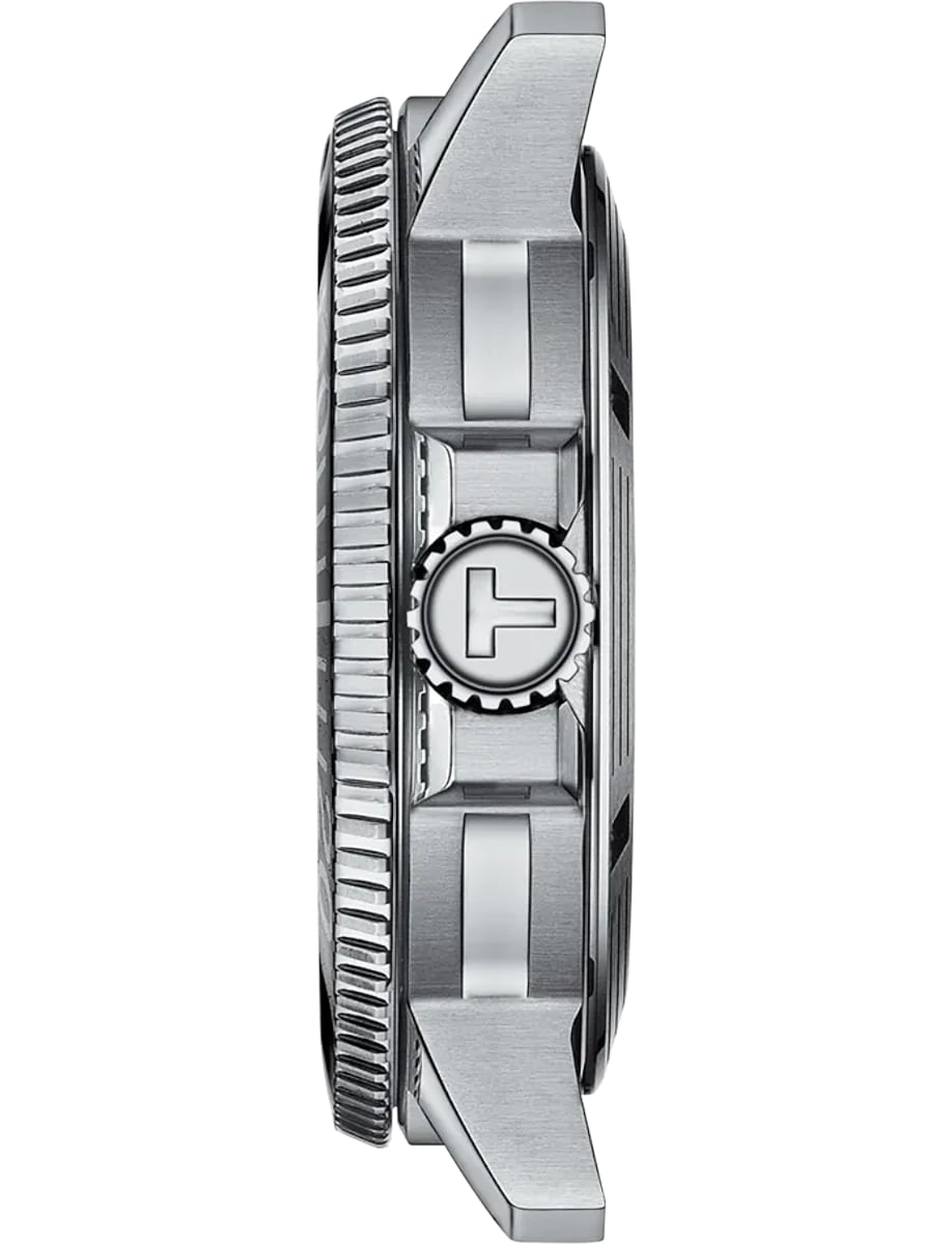 Side view of Tissot wristwatch with stainless steel case and bracelet and ceramic bezel ring