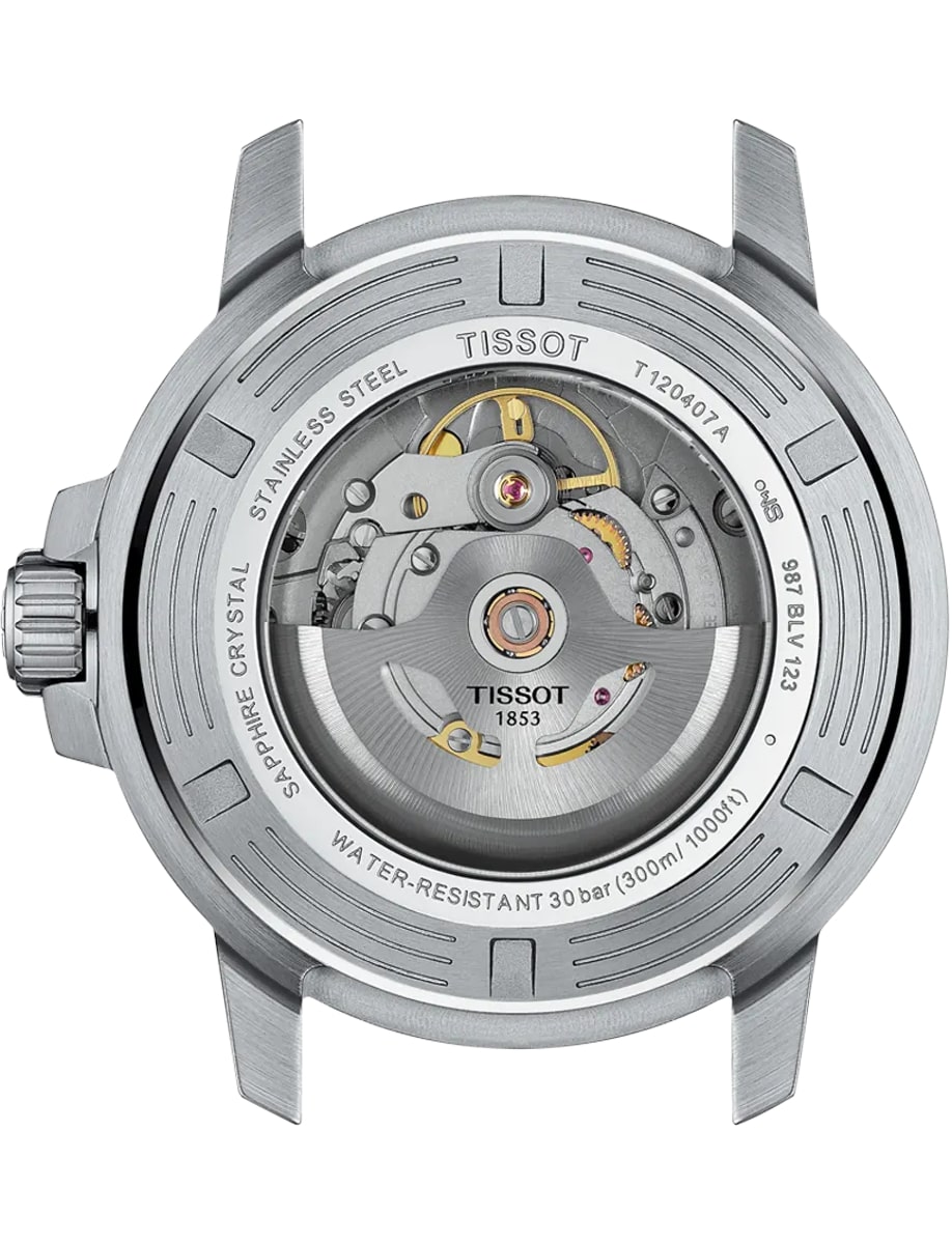 Back view of Tissot wristwatch with stainless steel case and transparent caseback