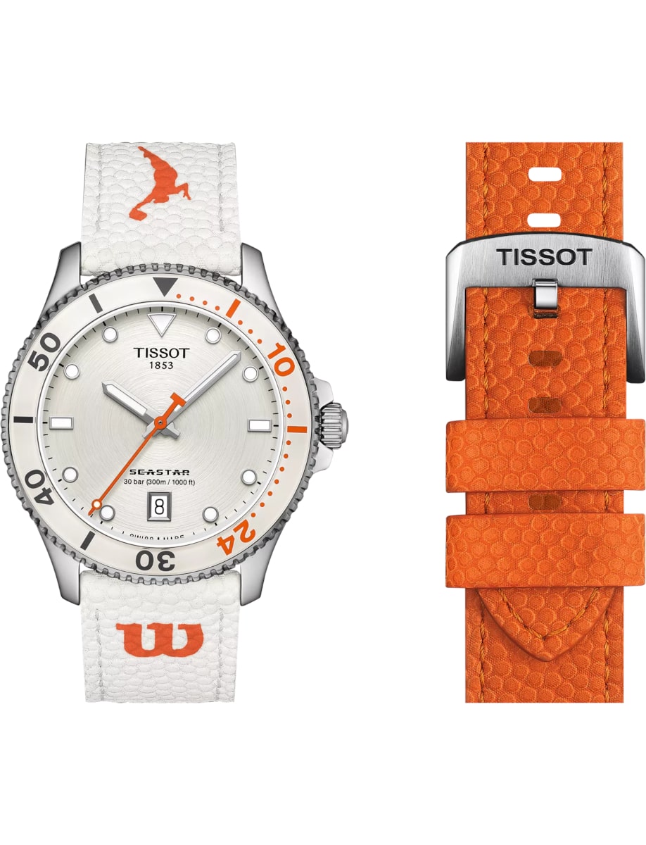 Tissot wristwatch with stainless steel case, white dial, and white synthetic strap, and additional orange strap.