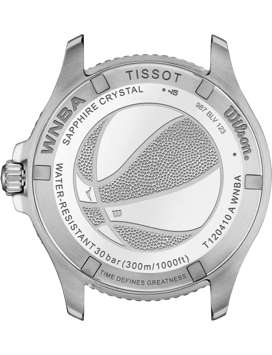 Back view of Tissot wristwatch with stainless steel and engraved case.