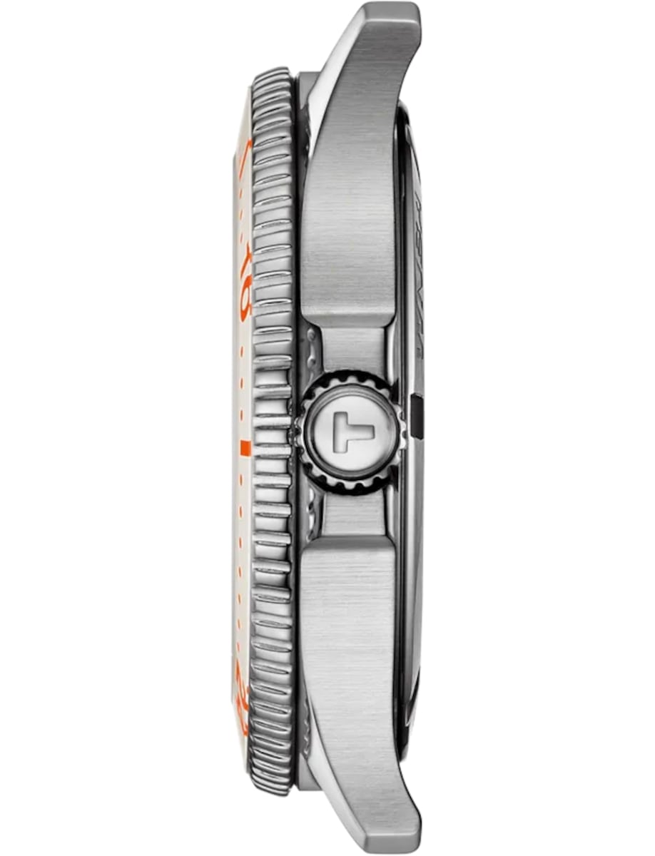 Side view of Tissot wristwatch with stainless steel case