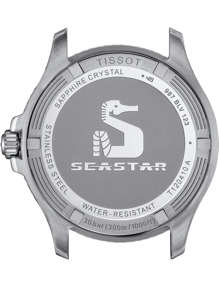 Back view of Tissot wristwatch with stainless steel and engraved case.