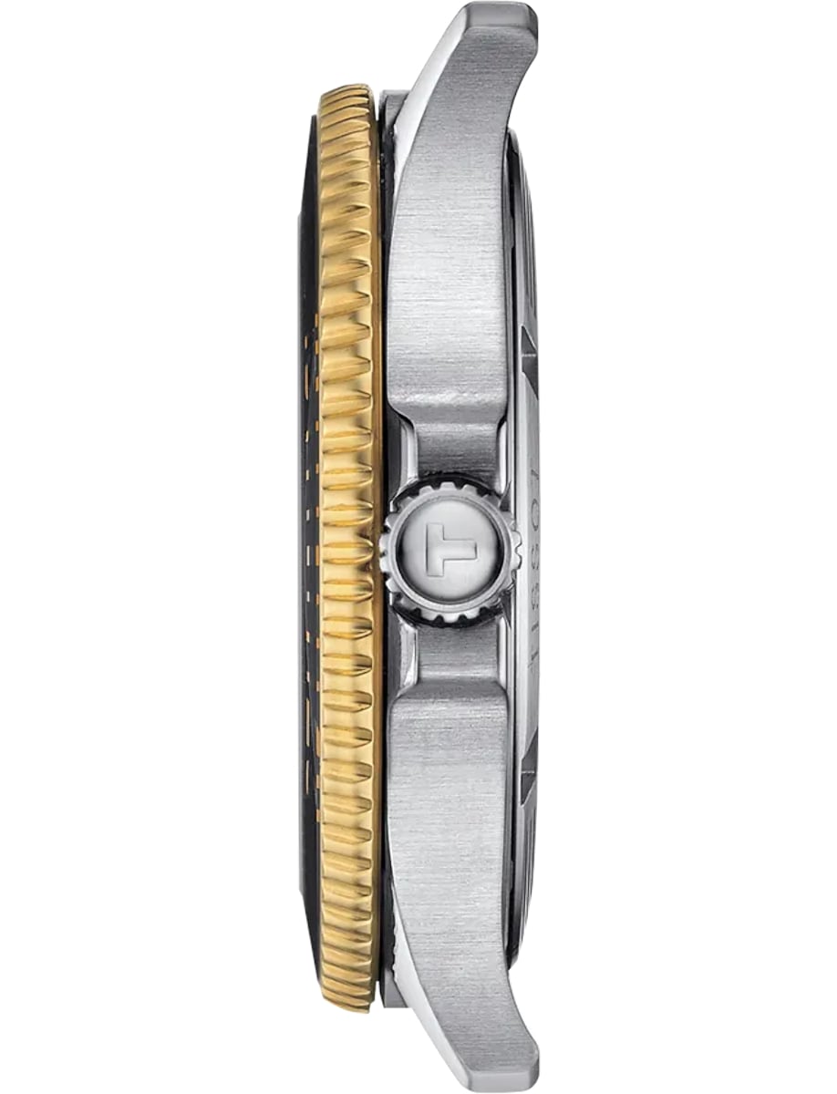 Side view of Tissot wristwatch with stainless steel case mineral bezel ring