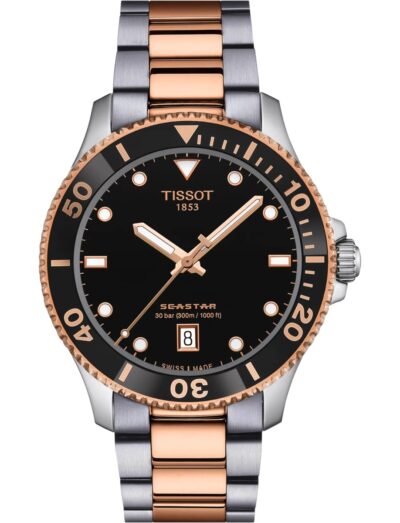 Tissot wristwatch with stainless steel case and bracelet and black dial