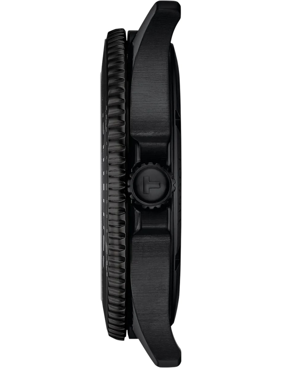 Side view of Tissot wristwatch with black pvd stainless steel case and bracelet and black dial