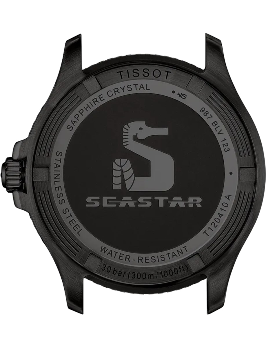 Back view of Tissot wristwatch with stainless steel and engraved case.