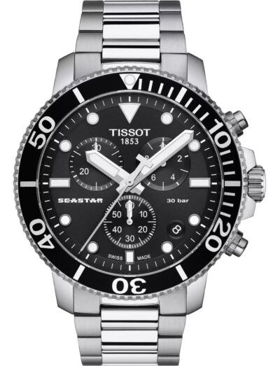 Tissot wristwatch with stainless steel case and bracelet and black dial