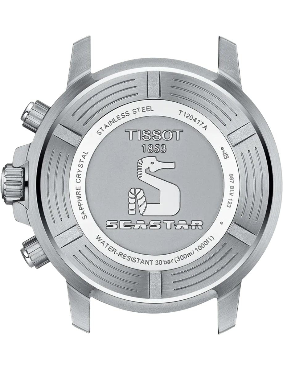Back view of Tissot wristwatch with stainless steel case and screw-down caseback