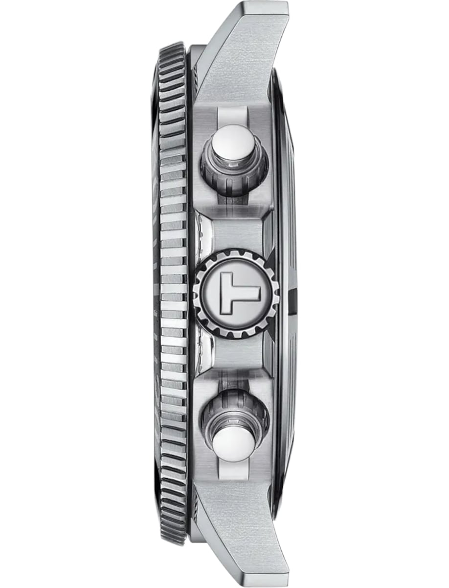 Side view of Tissot wristwatch with stainless steel case
