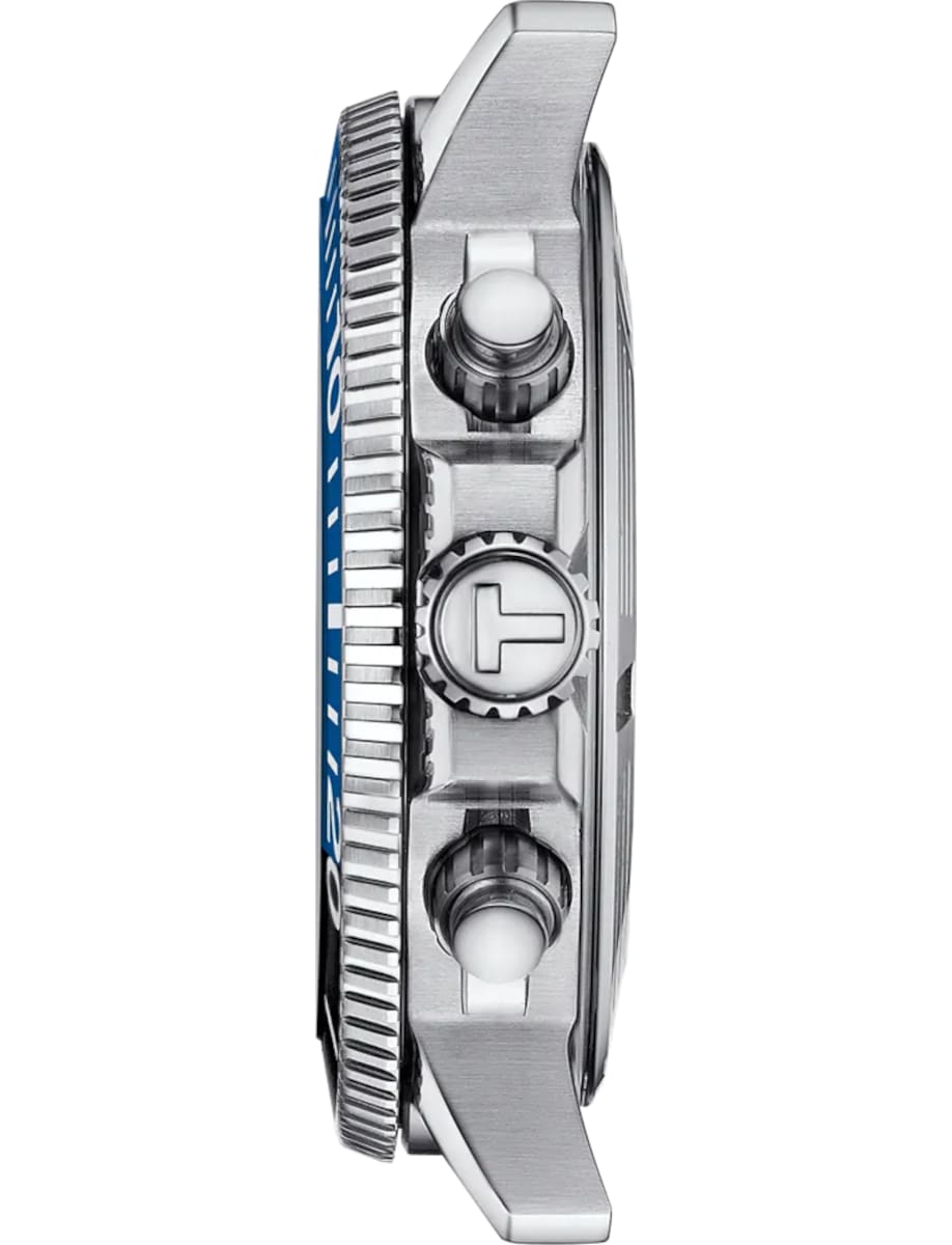 Side view of Tissot wristwatch with stainless steel case.