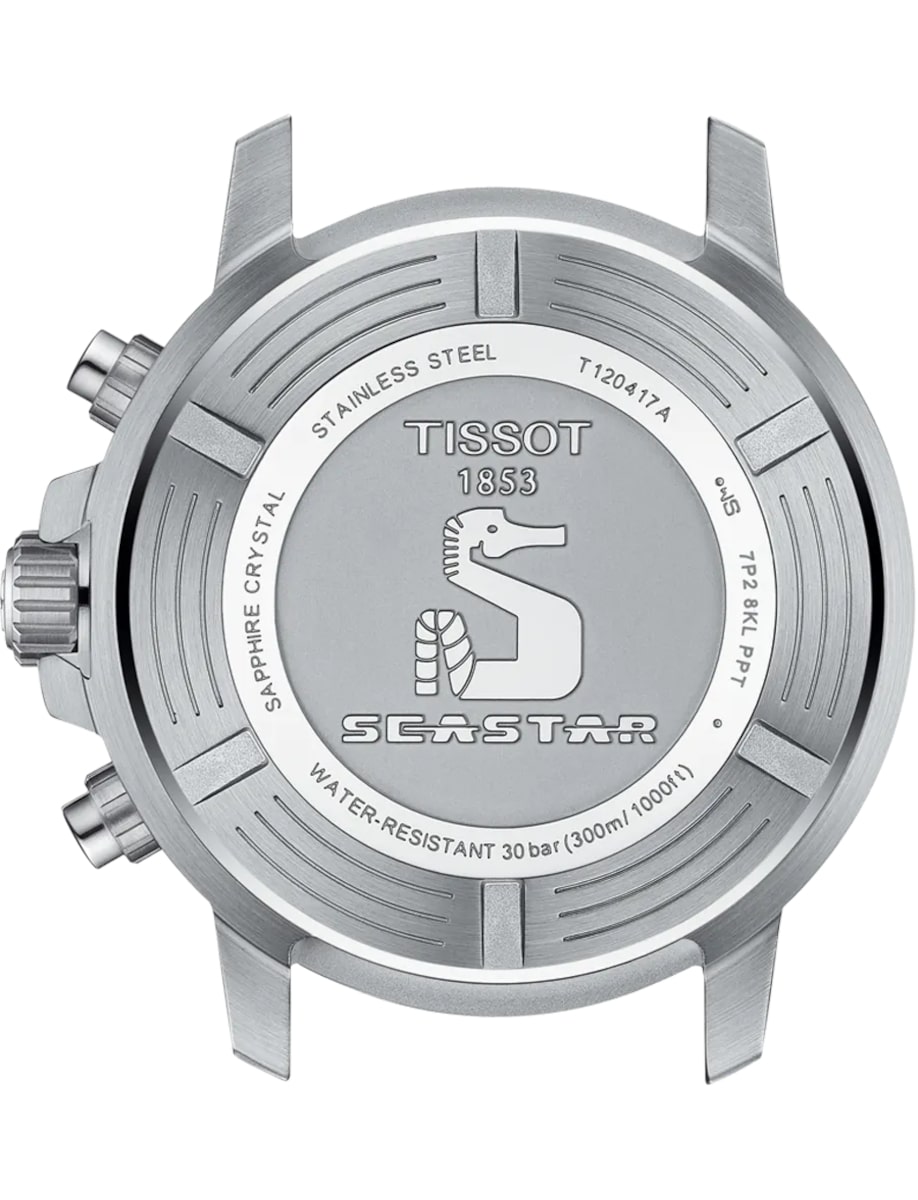 Back view of Tissot wristwatch with stainless steel and engraved case.