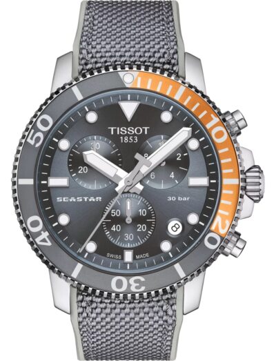 Tissot wristwatch with stainless steel case, black dial, and grey synthetic strap.