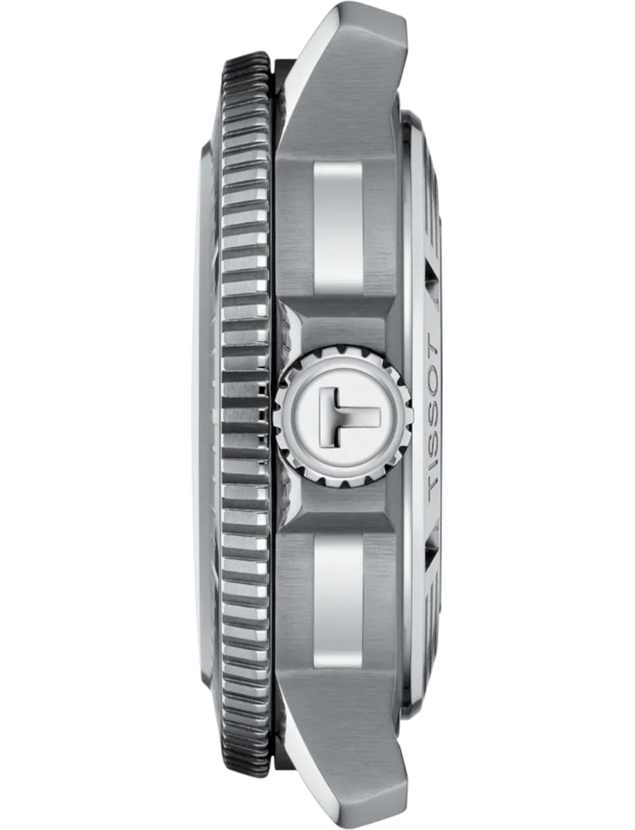Side view of Tissot wristwatch with stainless steel case