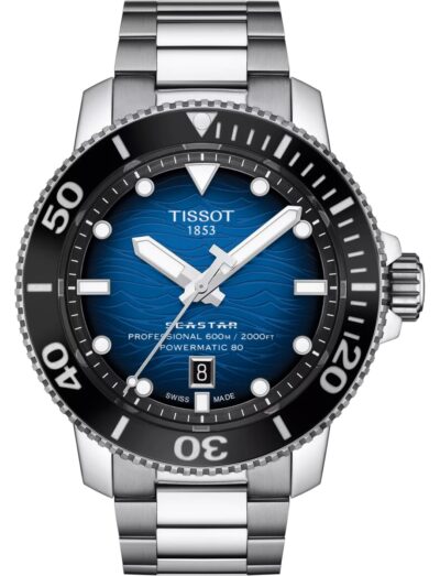 Tissot wristwatch with stainless steel case and bracelet, and graded blue-black dial.