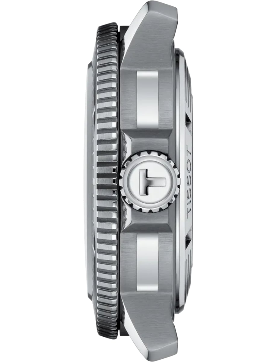 Side view of Tissot wristwatch with stainless steel case