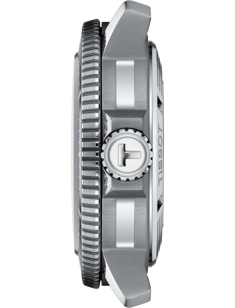 Side view of Tissot wristwatch with stainless steel case, graded grey-black dial and rubber strap