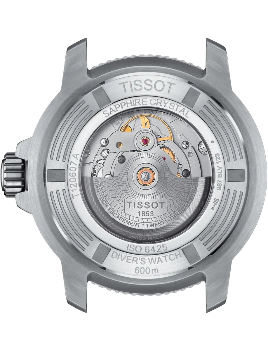 Back view of Tissot wristwatch with stainless steel case and transparent case back