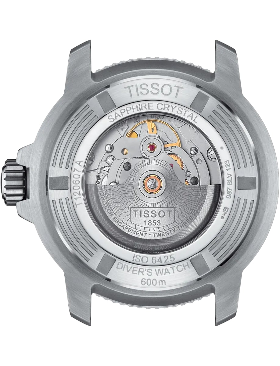 Back view of Tissot wristwatch with stainless steel case and transparent caseback