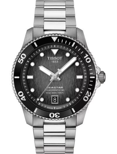 Tissot wristwatch with stainless steel case and bracelet, graded grey-black dial.