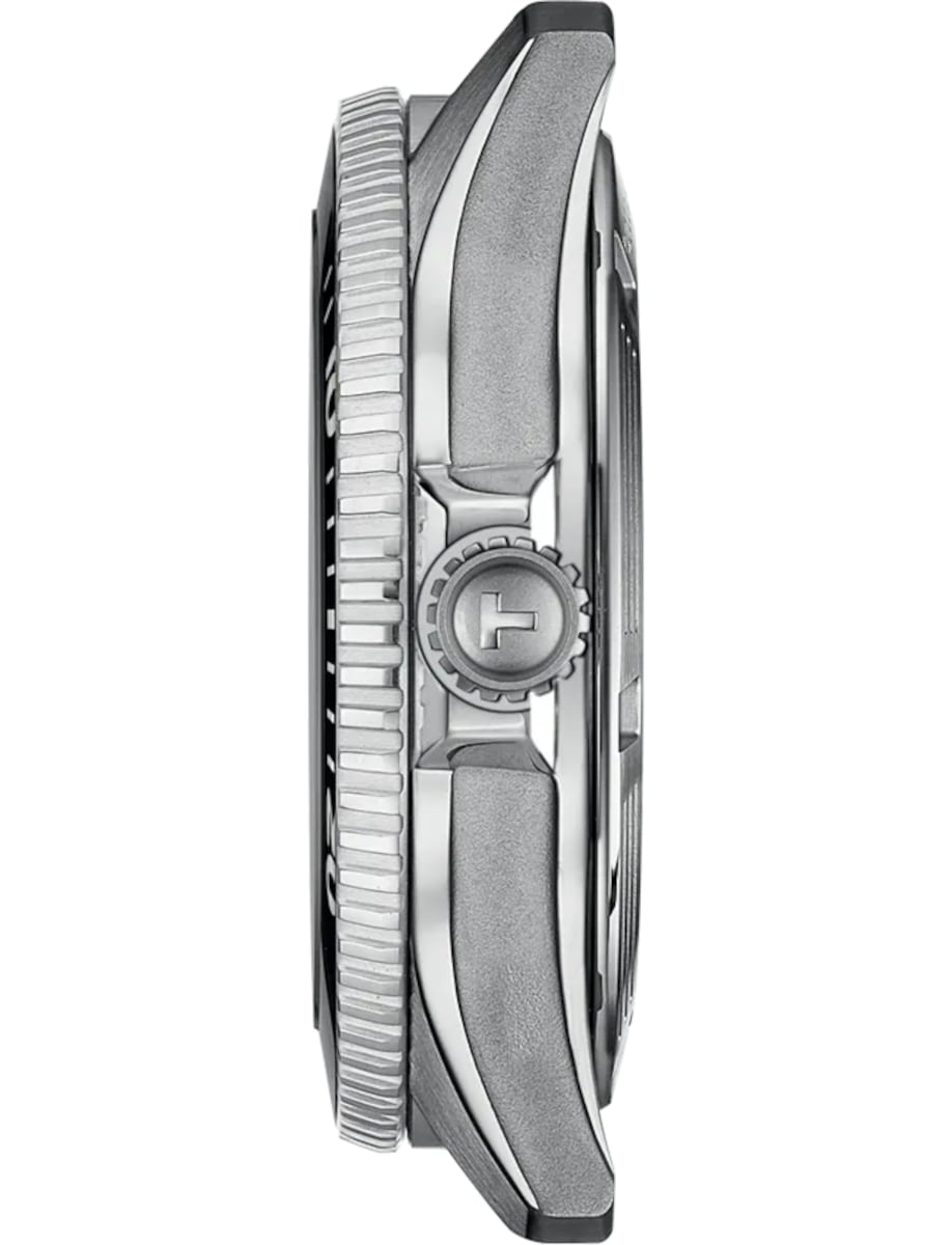Side view of Tissot wristwatch with stainless steel case and bracelet.