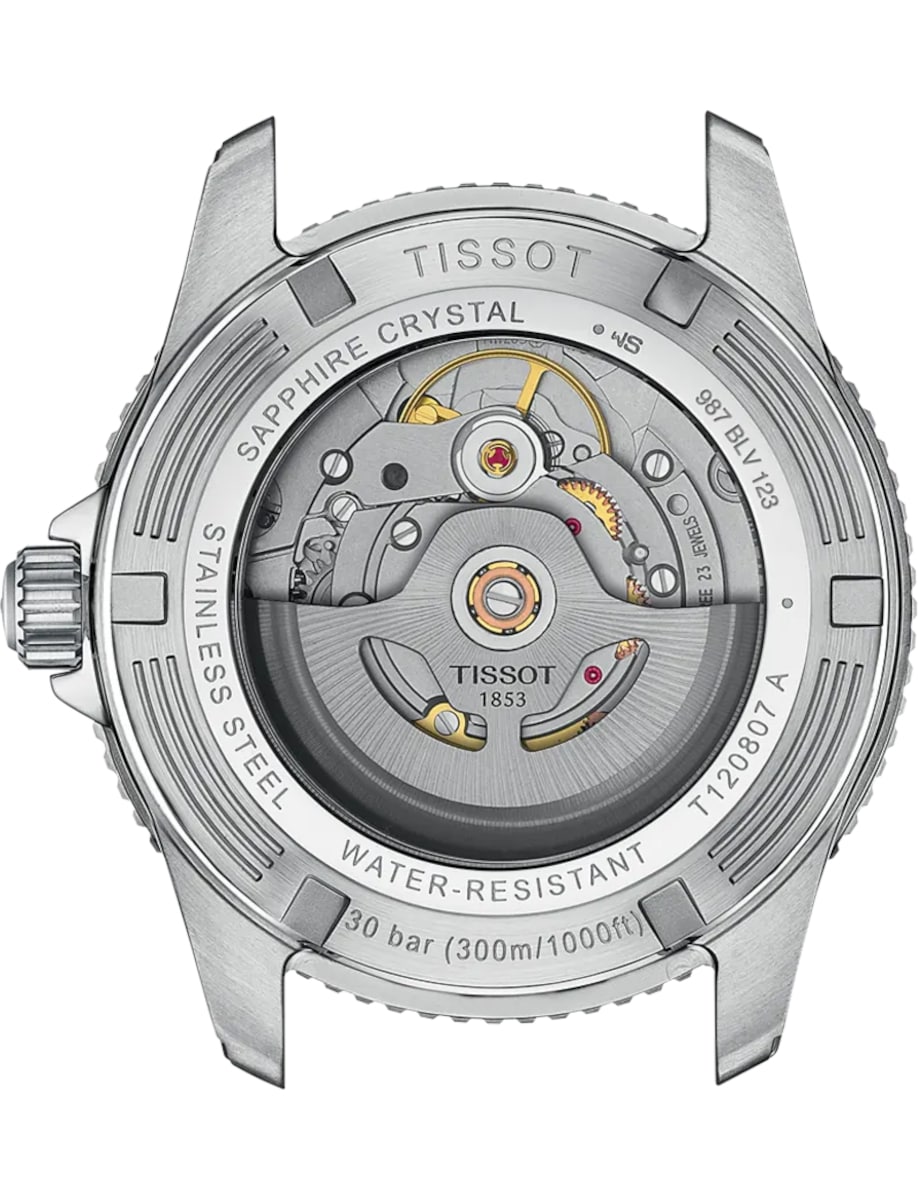 Back view of Tissot wristwatch with stainless steel case and see-through case back